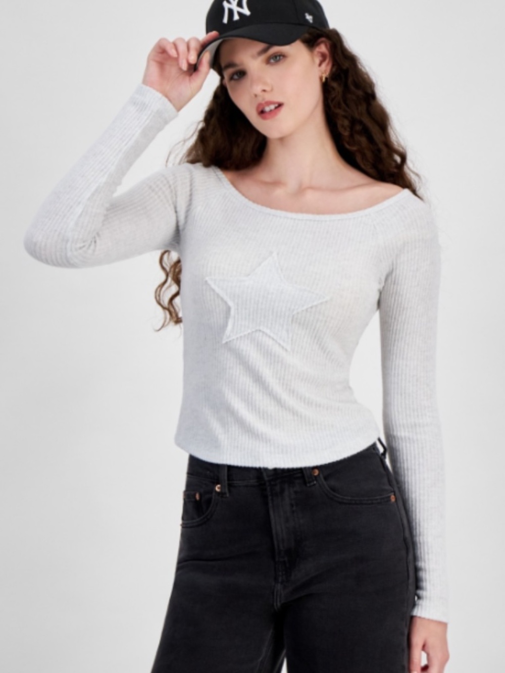 Just Polly Juniors' Star-Patch Rib-Knit Top - Light Heather Grey Size XL  NWT
